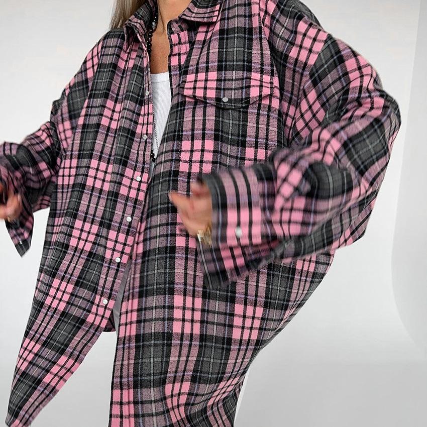 Autumn Fashion Wear Minimalist Loose Lapel Shirt Russian Classic Plaid Long-sleeved Shirt Women's Clothing