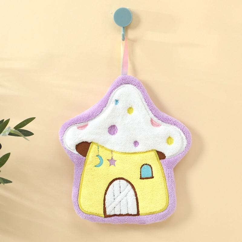 Soft Absorbent Coral Fleece Kitchen Towel Fun Mushroom Shape Handkerchief Wipe Rag Cloth Quickly Dry and Easy Hanging