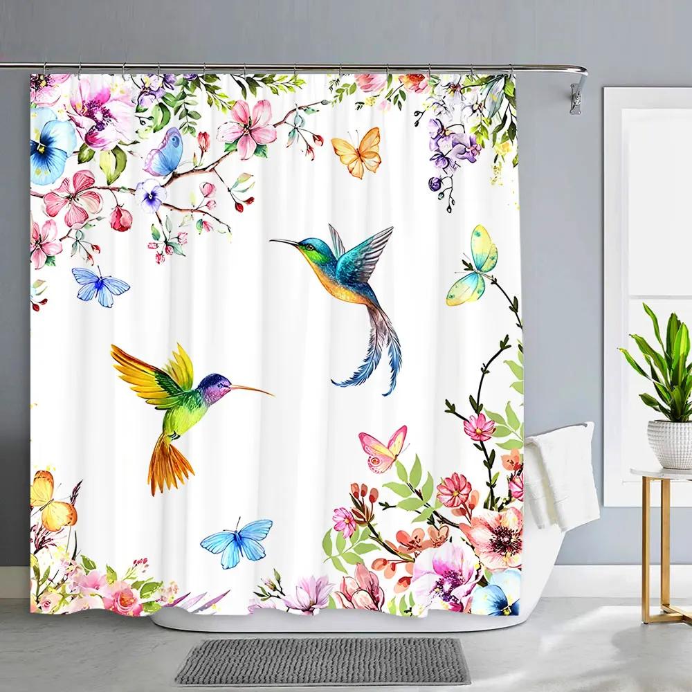 Spring Floral Hummingbird Shower Curtain for Bathroom Watercolor Flower Bird Modern Decor Machine Shower Curtains Bathroom Decor