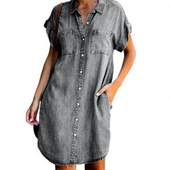 Trendy European & American Bestseller: Short-Sleeve Slimming Denim Midi Dress
