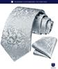 [HISDERN] Wedding Silver Tie and Pocket Square Set for Men, Silk, Brand Name, Paisley Pattern, Formal Wear, Gentleman's, Entrance Ceremony,
