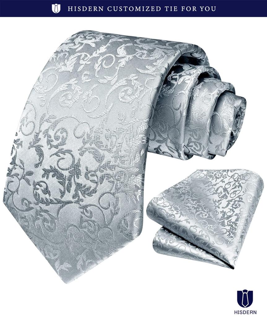 [HISDERN] Wedding Silver Tie and Pocket Square Set for Men, Silk, Brand Name, Paisley Pattern, Formal Wear, Gentleman's, Entrance Ceremony,
