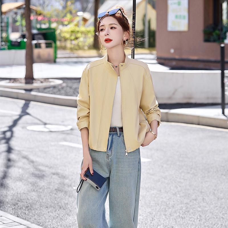 2025 Spring Women's Solid Color Loose PU Leather Stand Collar Jacket Coat Z8805