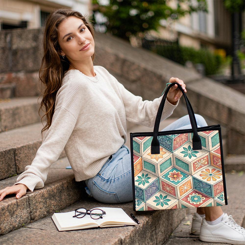 Vintage Pattern Tote Bag Geometric Floral Design Large Capacity Casual Shopping Bag for Daily Use