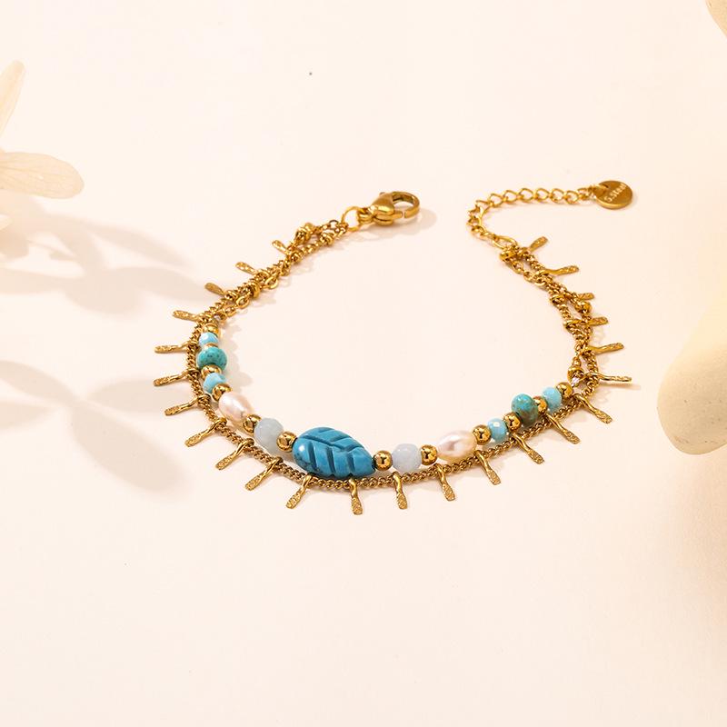 Bohemian Double-Layer Stone & Pearl Bracelet Anklet with Tree Leaf Charm