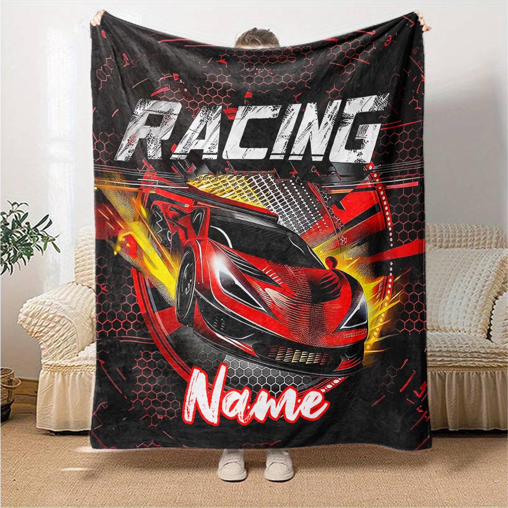 Custom Name Racing Theme Printed Blanket - Perfect for Couch, Bed, Travel & Outdoor Use | Machine Washable, Cozy & Durable.
