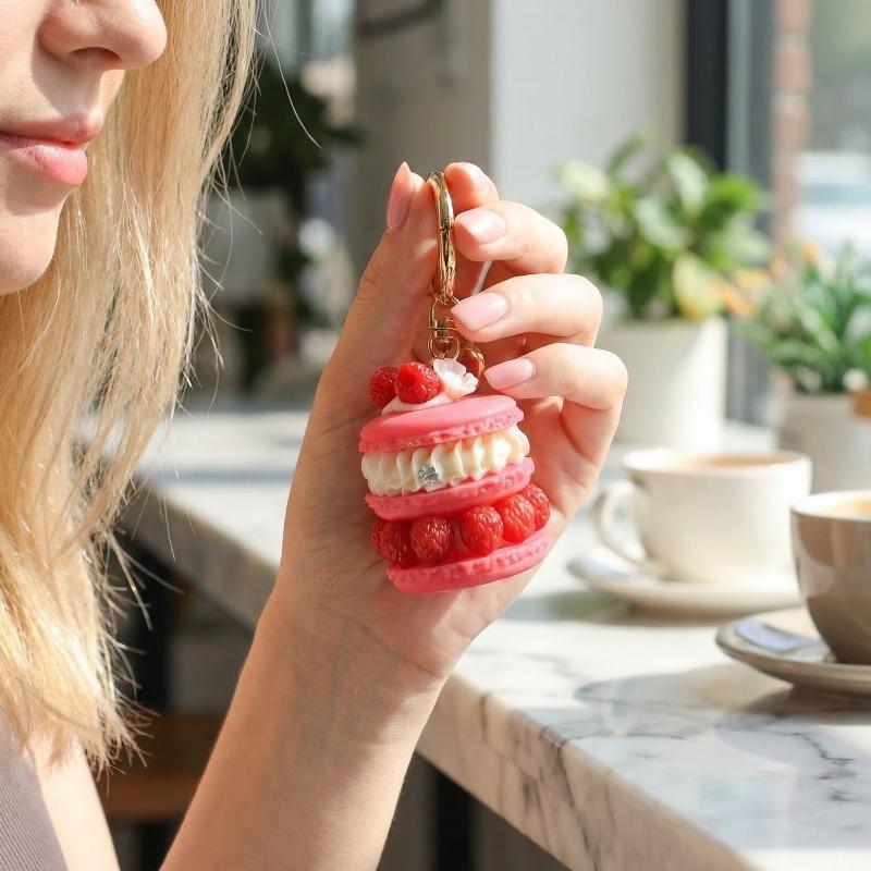 Fruit Macaron Cake Keychain Realistic Dessert Pendant Cute Fun Bag Accessories for Girls Key Ring Holder School Bag Charm