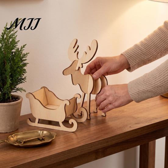 Creative Painting Project for Christmas Wooden Elk and Sleigh Tabletop Ornament, DIY Wood Art Craft Natural Gift Children Festive Holiday Decoration,