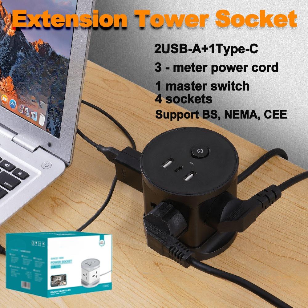 Tower Extension Socket with USB-A x2 + USB Type-C x1 Surge Protector Small Multi-Function Conversion Plug