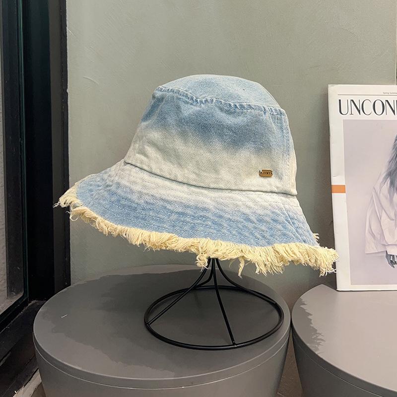 New Japanese-style Gradient Frayed Edge Washed Denim Fisherman Hat, Summer Sun Protection Hat for Women, Bucket Hat