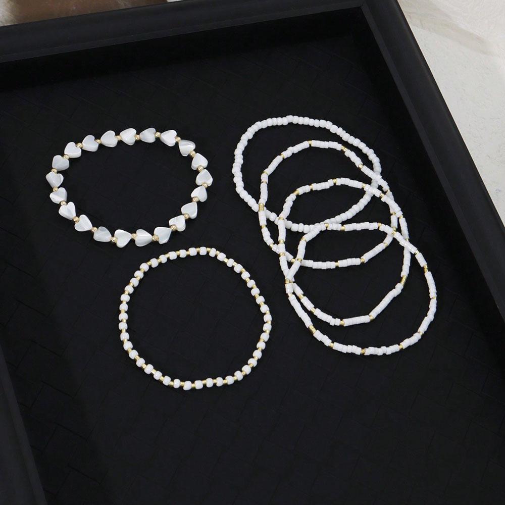 6pcs Set Of Delicate White Bead Heart & Shell Handmade Beaded Elastic Multi-Layer Bracelets For Valentine's gift B082