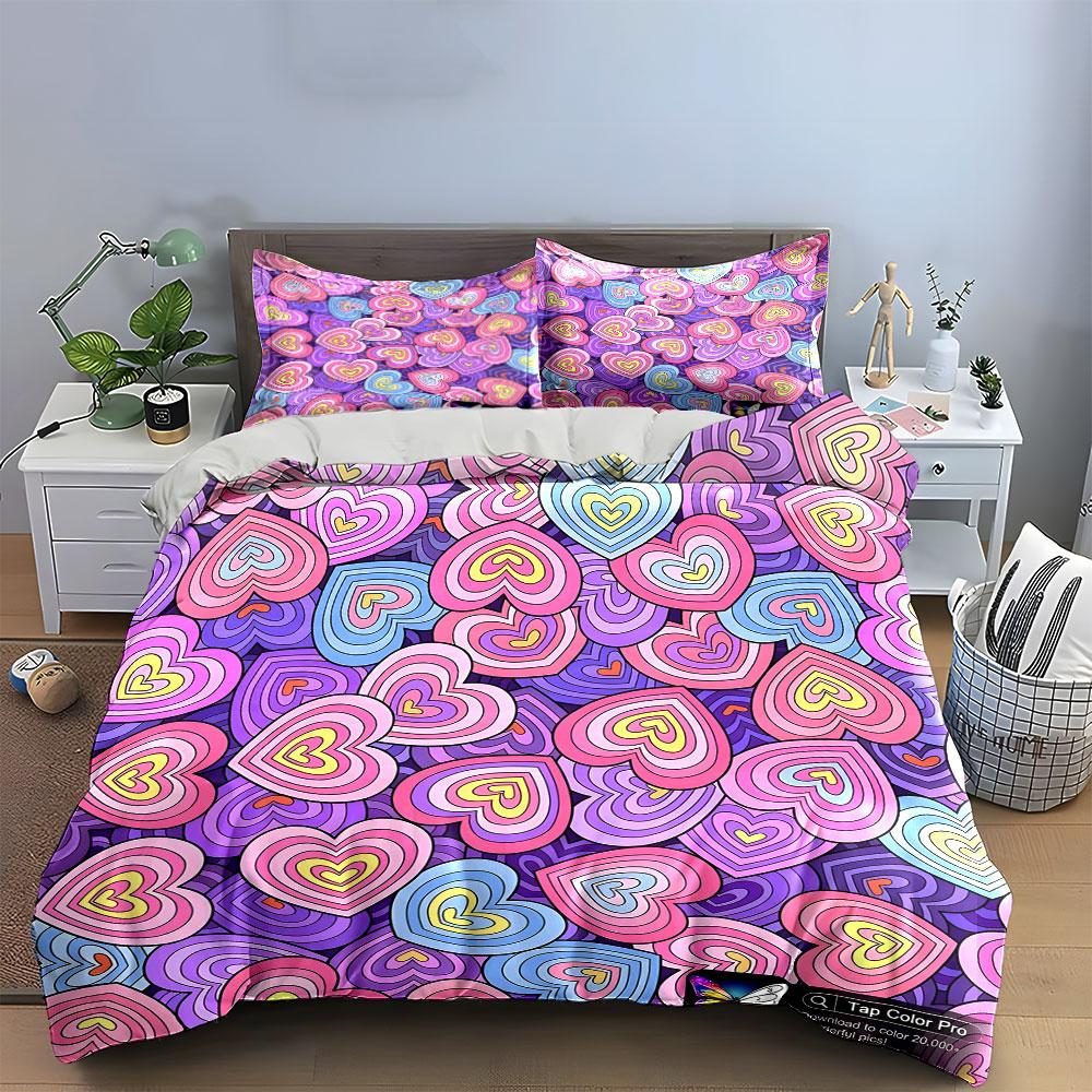 Colorful Heart-Themed Pattern Design Perfect For Valentine'S Day Exquisite Three-Piece Bedding Set Gift For Kids And Adults