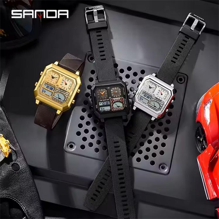 SANDA 6210 Men's Electronic Digital Watch Square Multifunctional Temperature Date TPU Strap Display Wrist Watches