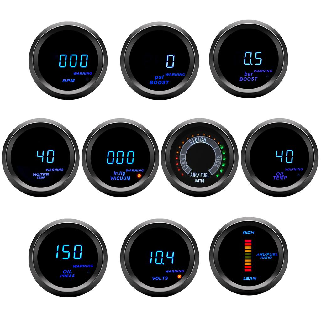 2" 52mm Blue Digital LED Tachometer Psi Bar Boost Gauge Vacuum Gauge Water Oil Temp Gauge Oil Press Gauge Voltmeter For 12V Car