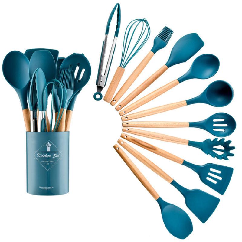 Vysoce kvalitní silikonová sada kuchyňského náčiní Nádobí odolné proti vysokým teplotám Nepřilnavá dřevěná rukojeť Silikonové nástroje na pečení