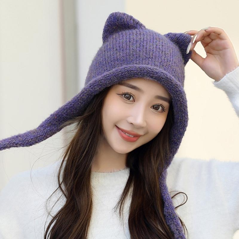 Unisex Solid Color Crochet Hat Cat Kitten Ear Shape Hat Warm Fluffy Winter Crochet Warm Skiing Supplies for Adult Teens