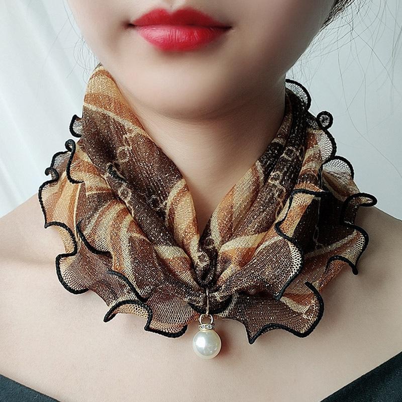 Fake Pearl Pendant Organza Neck Collar Chiffon Scarves Lace Pearls Scarf Fashion Print Shiny Variety Scarf Clothing Accessories