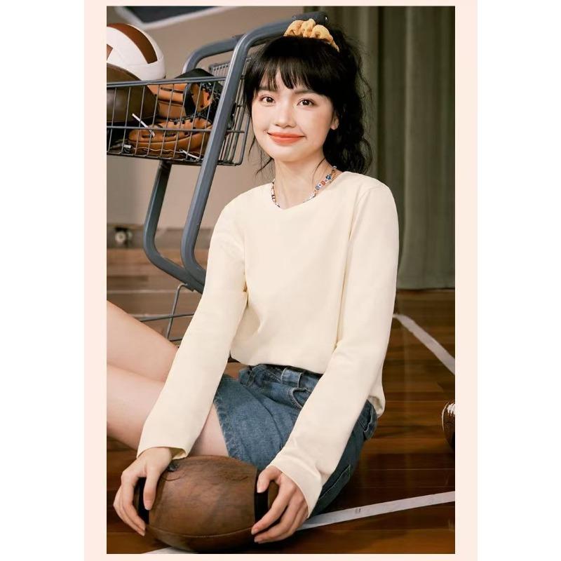 Cotton Round Neck Long Sleeve T-shirt Womens Autumn Fashion Basic White Top Loose Fit Casual Tee