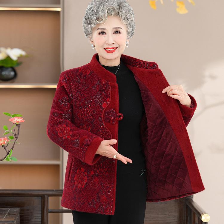 Grandma's Winter Clothes and Velvet Padded Collar Tang Suit Old Lady 70 Years Old 80 Warm Middle-aged and Elderly Women's Coat