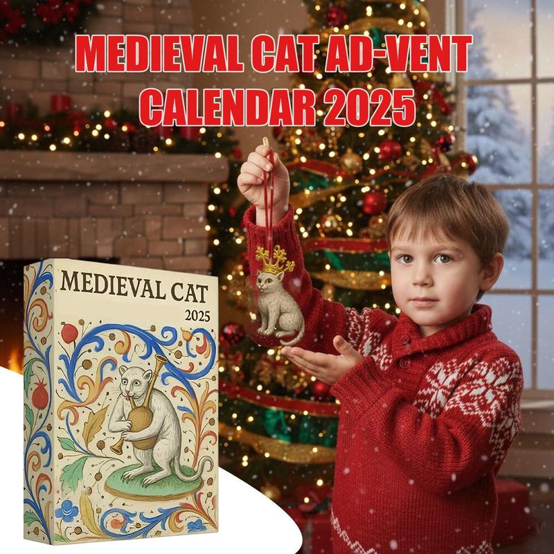 Christmas Cat Ornament Countdown 24 Day Medieval Theme Flat Toy Countdown To Christmas Calendar for Kids Toddler Teen Adult Boy