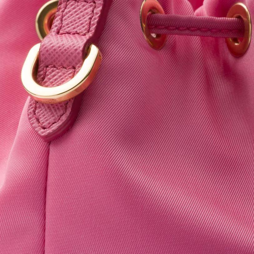 Prada Re-Edition Re-Nylon Enamel Triangle Metal Logo Drawstring Closure Fabric And Leather Bucket Bag Mini Women bags Coral-Pink 1BE067_R064_F0638