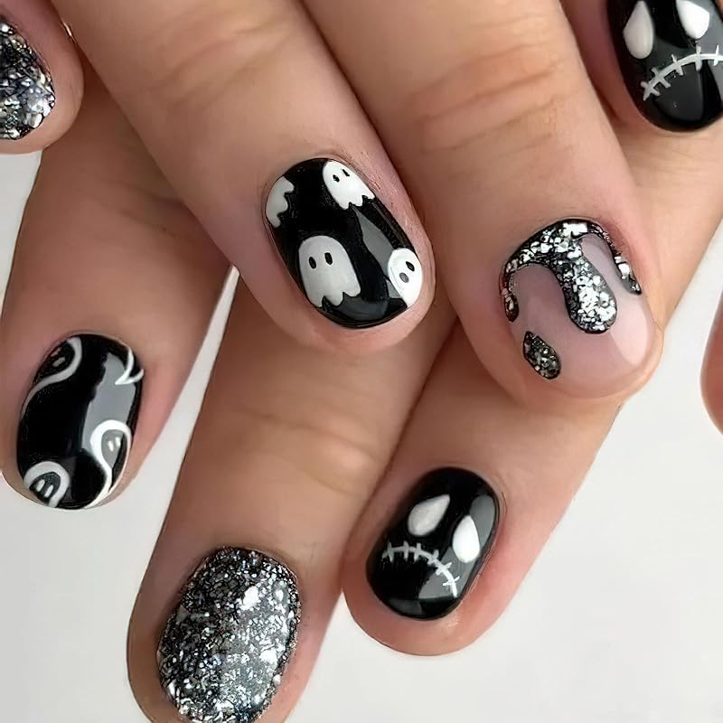 Black Ghost Halloween Press on Nails Short Square Fake Nails with Glitter Designs Cute White Spooky Glue on Nails Reusable Halloween Artificial 11-Black Glitter Blood
