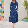 Women Plus Size Round Neck Long Sleeve Floral Printed A Line Midi Dress With Pockets