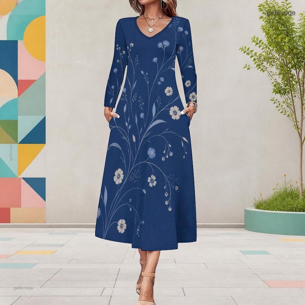 Women Plus Size Round Neck Long Sleeve Floral Printed A Line Midi Dress With Pockets
