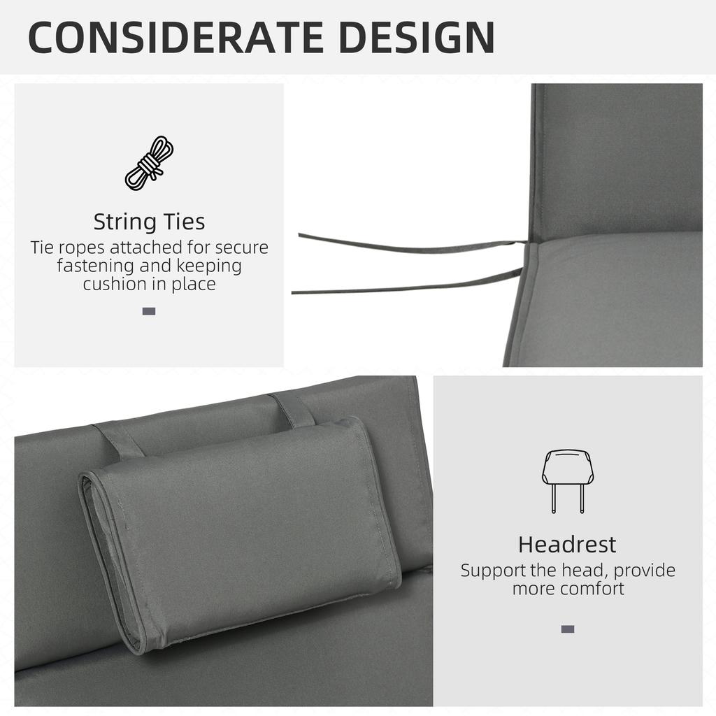 Garden Sun Lounger Cushion Replacement Soft Sunbed Reclining Chair Relaxer Pad with Pillow, Cushion ONLY - Grey
