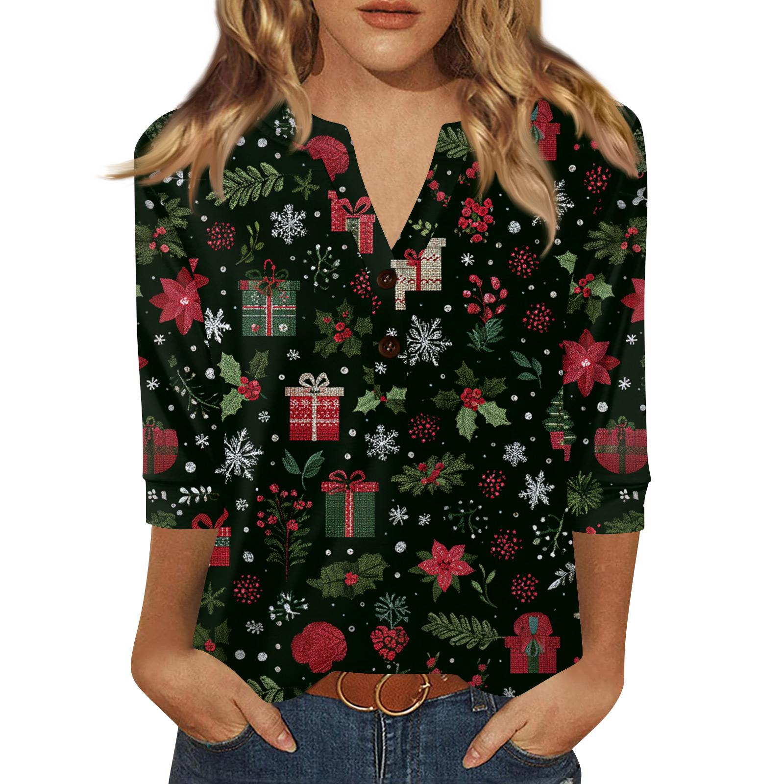 

Жен. Футболка С принтом Пуговицы Рукав 3/4 Повседневные Выходные Мода Классический Классический V-образный вырез Обычный Верх L темно-зеленого