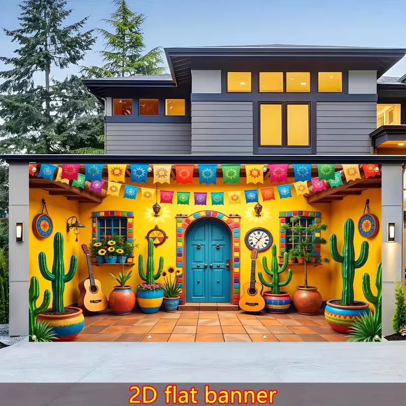 

2D Mexican Cactus House Garage Door Banner Cinco de Mayo Outdoor Party Background 47.2x31.5inch/120*80cm