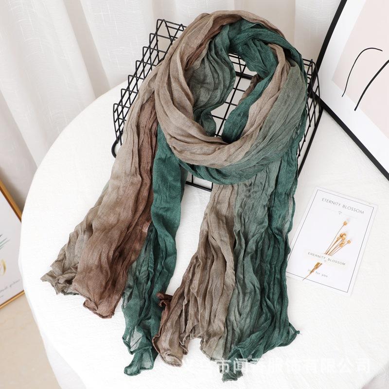 Contrast Color Cotton And Linen Wrinkled Scarf Female Literary And Artistic Fan Atmosphere Warm Silk Scarf Retro Gradual Change Color Scarf Shawl
