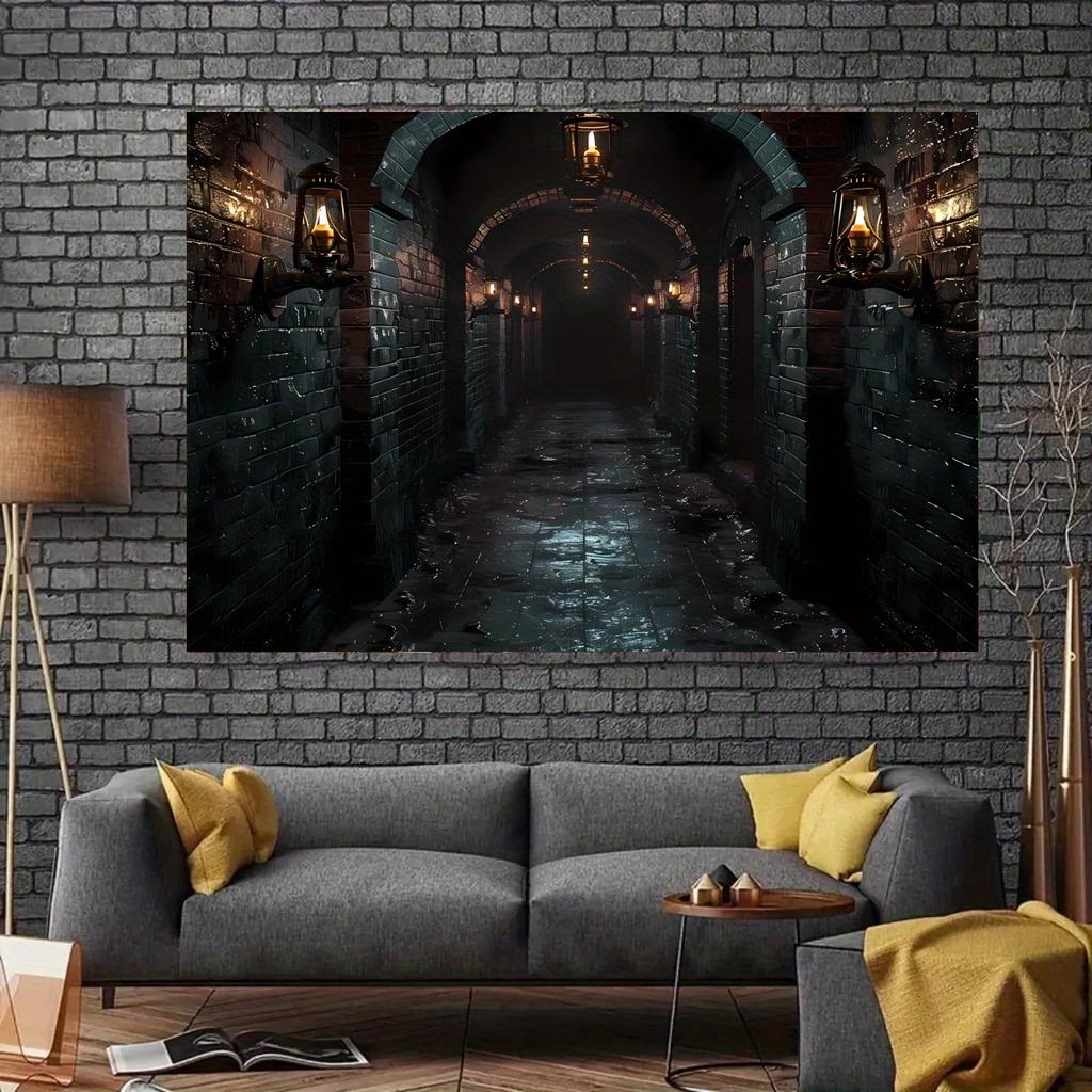 Gothic castle fabric background - versatile polyester walls with old black bricks, stone arches and torches for Halloween