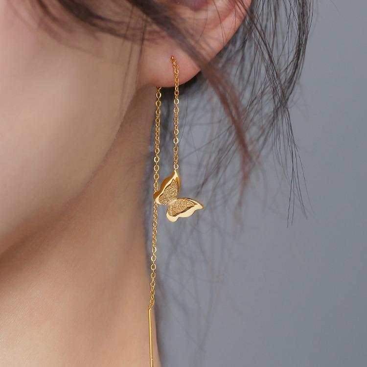Brincos de Corrente Borboleta Ouro 18K - Aço Titânio, Não Desbota, Design Simples, Versátil e Leve para o Verão