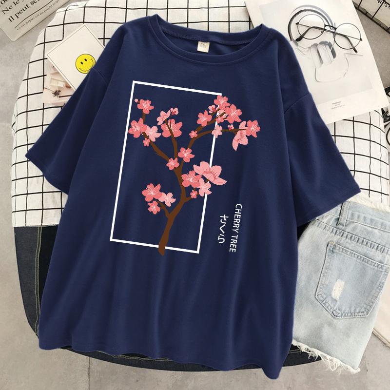 Cherry Tree In Full Bloom Printing Female Tshirt Street Breathable T Shirt Soft Fashion Short Sleeve Oversized Sport T Shirts