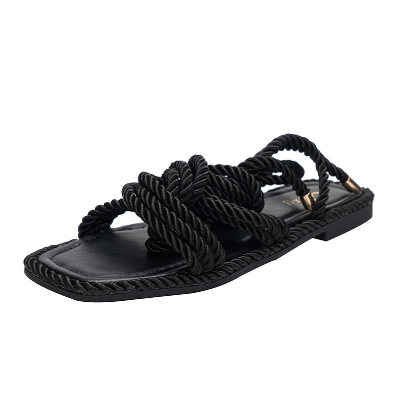 Fashion Two Wear Women Sandals Flat Slippers Hemp Rope Upper Design Women Casual Large Size 42 Square Toe Hollow Flat Heel Woman Shoes