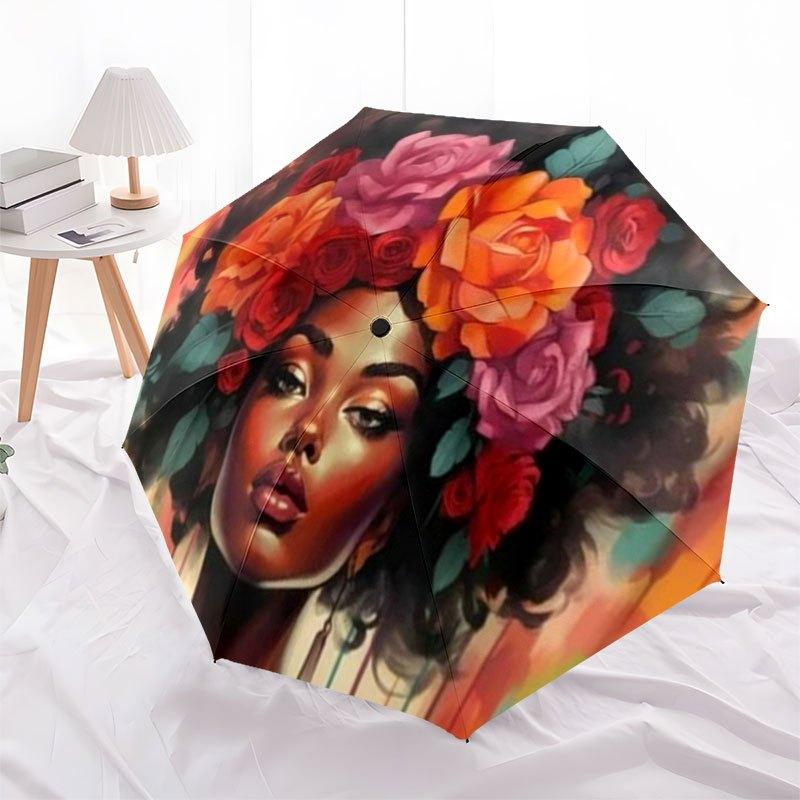 Floral Crown Afro Woman Art PrintUmbrella with Cute Design,Portable 3-Fold Compact Umbrella for Men&Women,Valentine's Day Mother's Day Hallo