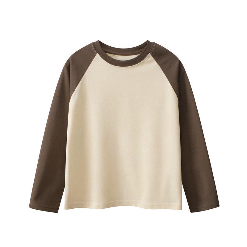 Spring and Autumn Long-Sleeved T-Shirts for Boys and Girls, Round Neck Patchwork Sleeve Tops, Solid Color Plain Bottoming Shirts for Older Children