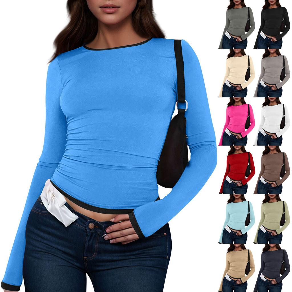 Women's Fashion Colour Blocking Round Neck Long Sleeve T-Shirt Top