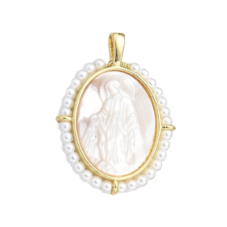 Fashionable Virgin Marys Necklace Charm with Sturdy Brass Materials and Mother of Pearls Shell Detailing Daily Use