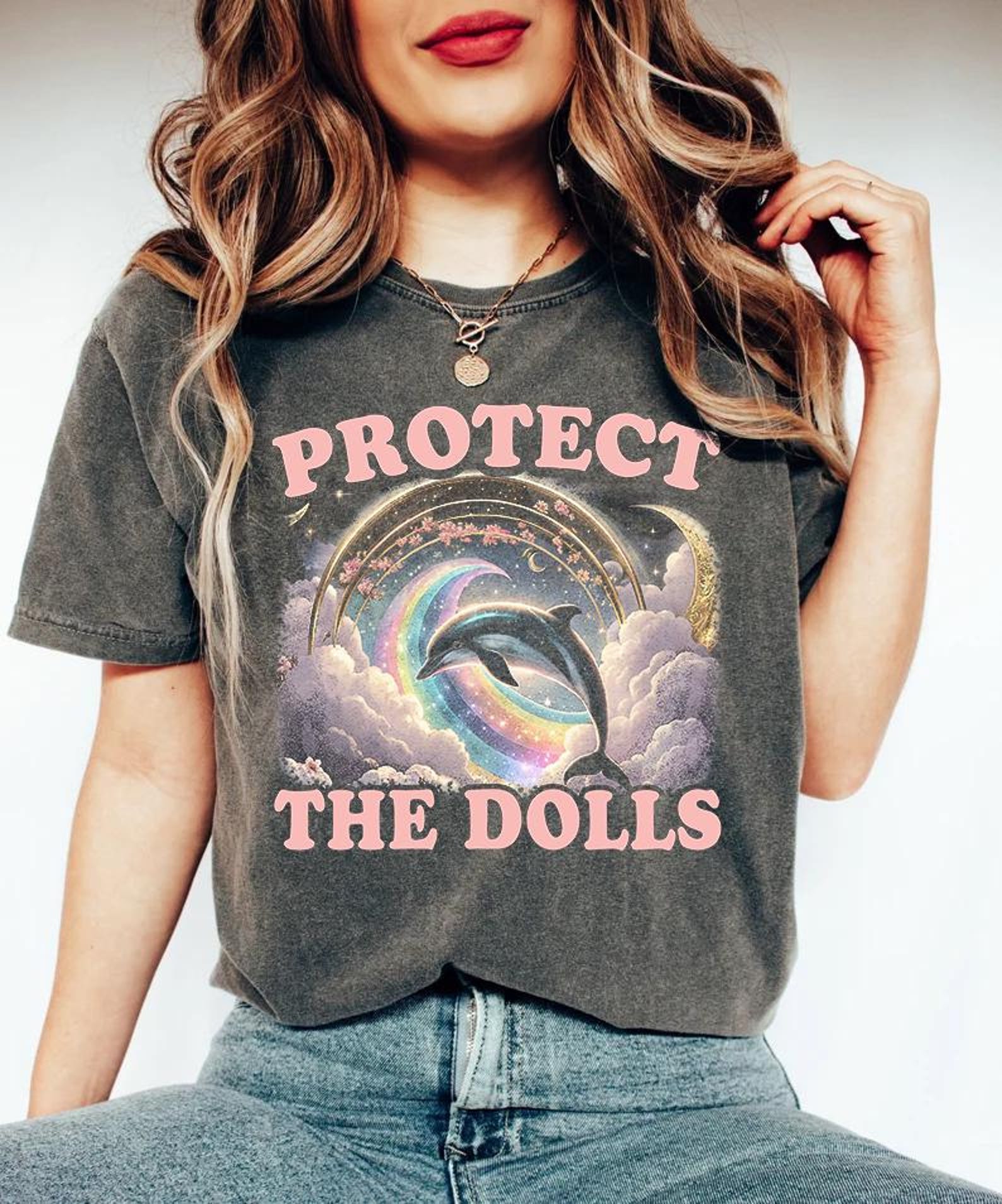 protect the dolls - unisex t shirt, funny t shirt, silly t shirt, weird graphic tee, funny graphic tee, dolphin meme T-Shirt 2XL