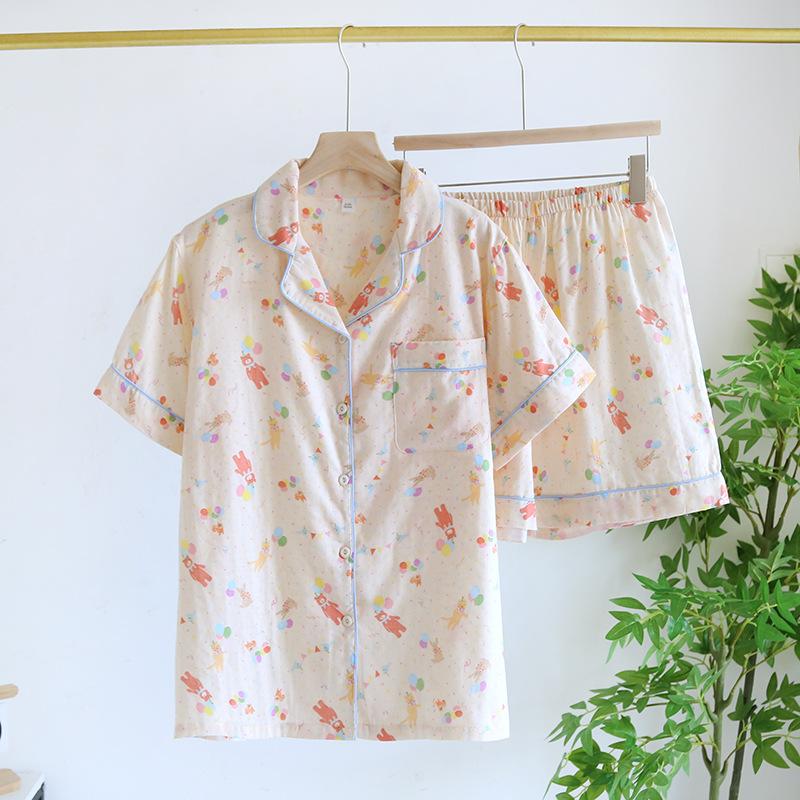 Japonská jednoduchá krátká pyžama dámská 100% bavlna krátké rukávy dámské pyžamové soupravy šortky Roztomilé kreslené oblečení na spaní dámské domácí oblečení