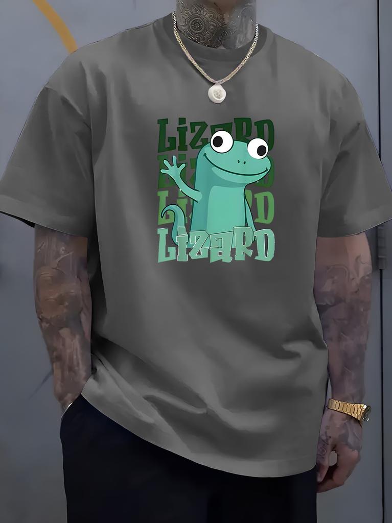 Unisex O Neck Tee Cute Cartoon Lizard Letter Combo Print Cotton Short Sleeve Loose Summer Breathable Daily Casual Basic Wear Top