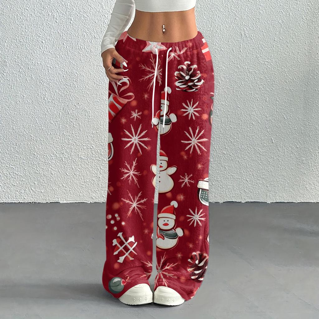 Women's Casual Fashion Printed Elastic Waist Loose Straight Leg Pants With Rope