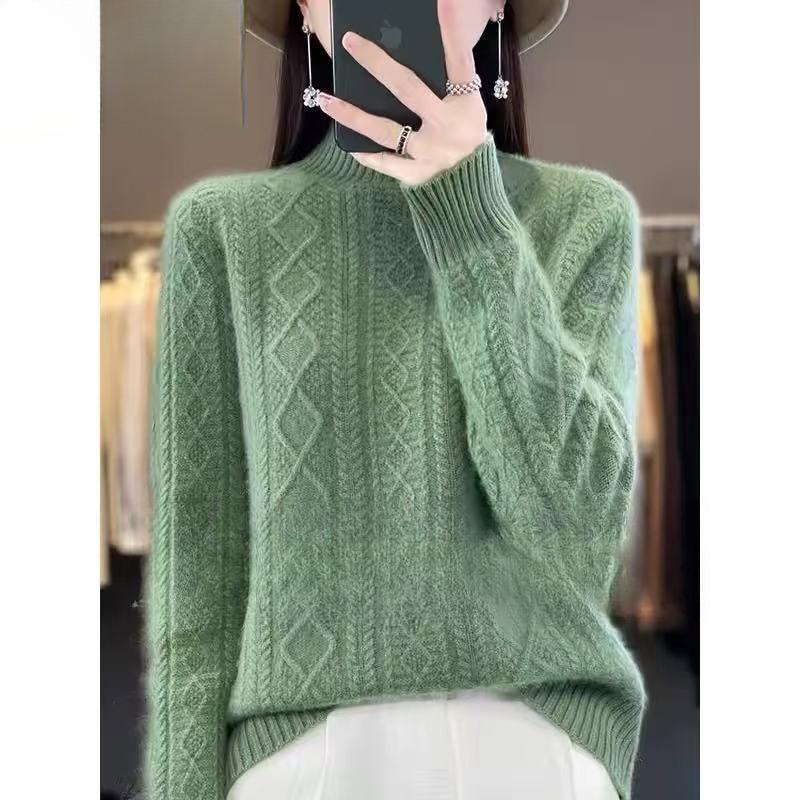 Cashmere Sweater Women's Autumn and Winter Half Turtleneck Thickened Loose Solid Color Jacquard Versatile Cashmere Bottoming Sweater Warm Top