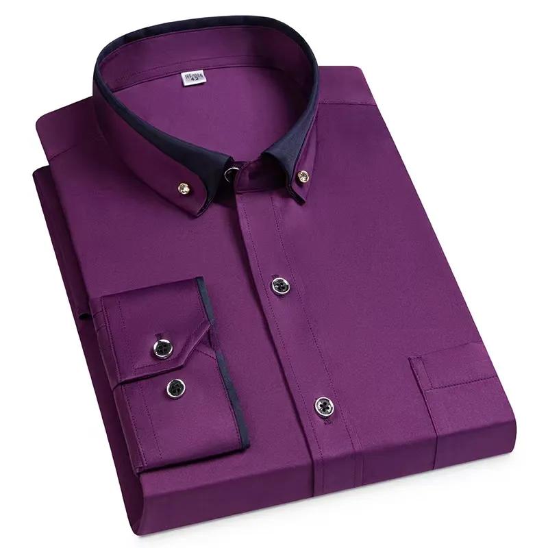Pánská business casual košile, úzký střih, jednobarevná, prodyšná, s dlouhým rukávem, čtvercový výstřih, vysoce pružná, základní vrstva