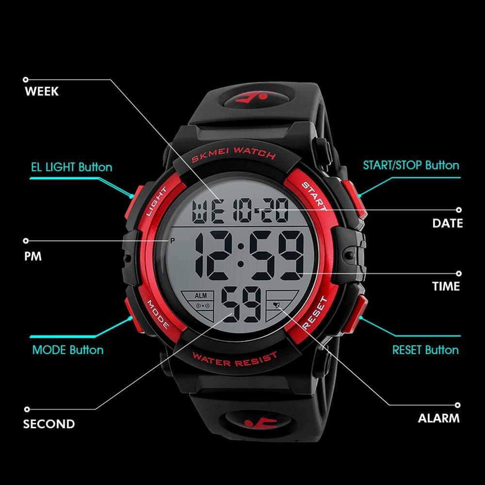 SKMEI Men's Waterproof Sports Watch Digital LED Large Display Silicone Band Military Watch Red