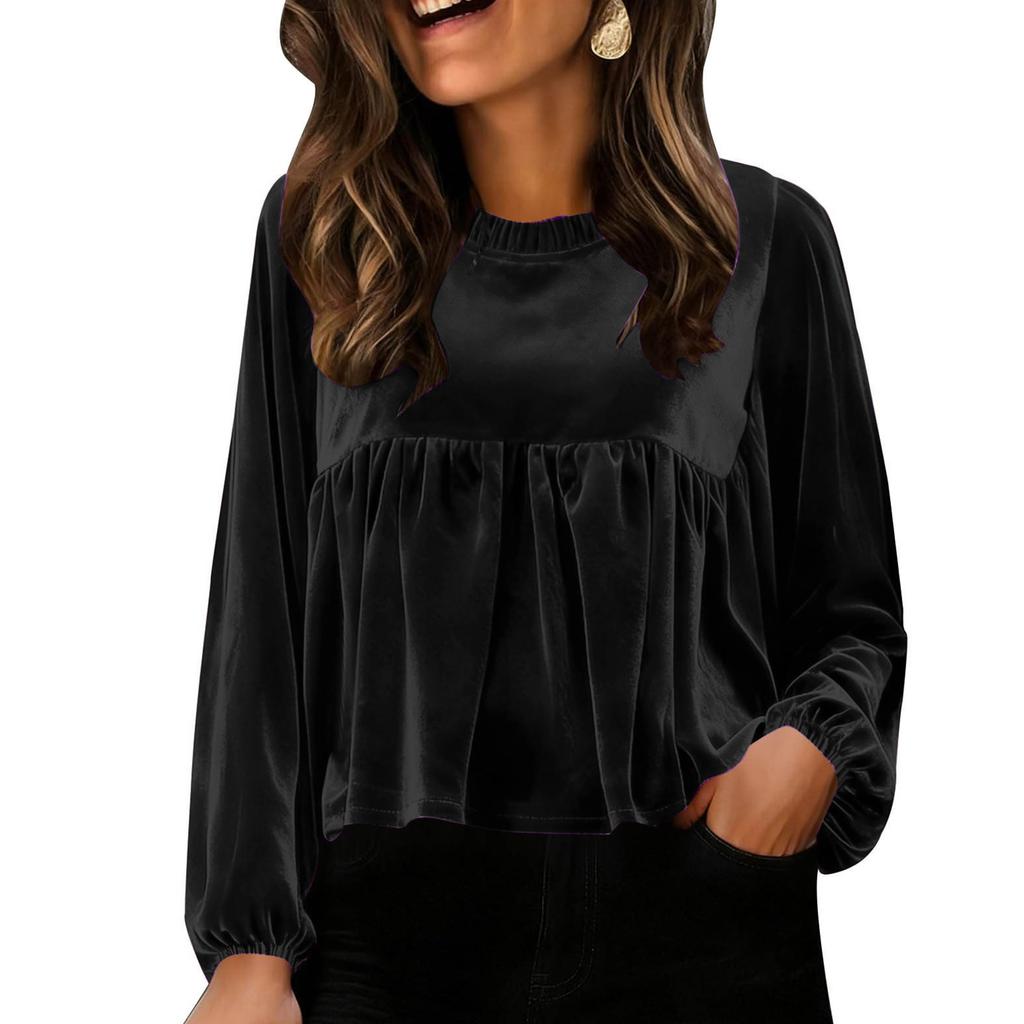 Women Loose Crewneck Babydoll  Long Sleeve Elegant Sleeve Velvet Blouse
