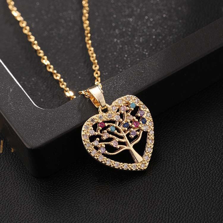 Colorful Zircon Hollow Heart Shape Tree of Life Pendant Necklace with Tassel Design Women's Jewelry