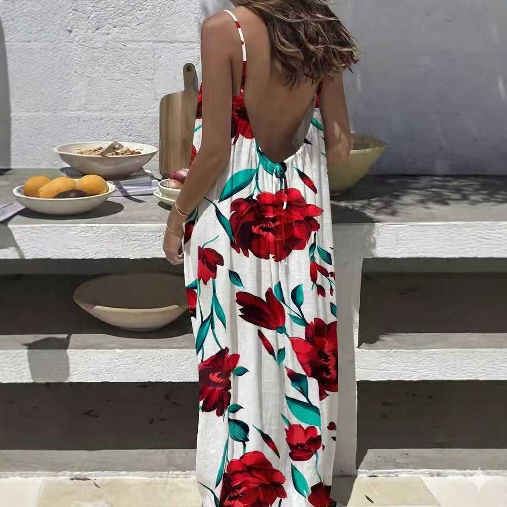 Maxi Abito Estivo Stampato Senza Schiena con Spalline Annodate per Uso Casual in Vacanza al Mare